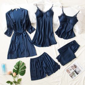 Women's Summer Ice Silk Pajamas With Chest Pad (Option: Dark Blue-XL US)