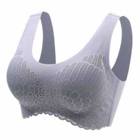 Natural Thai Latex Underwear 4.0 Angel Wings Seamless One Piece Women'S Lace Sports Bra Without Steel Ring (Option: Grey-M)