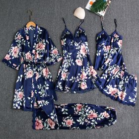 Women's Summer Ice Silk Pajamas With Chest Pad (Option: Dark Blue B-XXL)