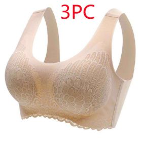 Natural Thai Latex Underwear 4.0 Angel Wings Seamless One Piece Women'S Lace Sports Bra Without Steel Ring (Option: Flesh color 3PC-2XL)